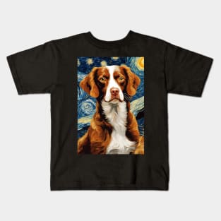 Adorable Brittany Spaniel Dog Breed Painting in a Van Gogh Starry Night Art Style Kids T-Shirt